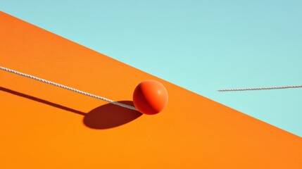 Poster - Vibrant orange and blue geometric composition with a ball and string creating dynamic tension