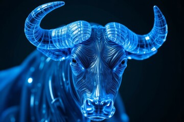 Fototapete - A blue electronic bull faces directly toward the viewer