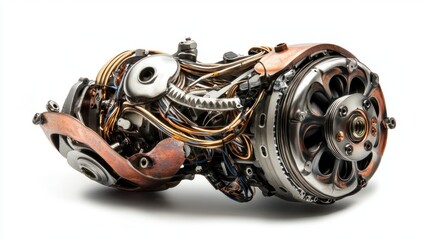 Poster - Close-up of intricate metallic robotic arm mechanism, showcasing gears, wires, and copper components against a white background.