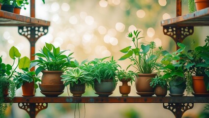 Poster - collection of diverse houseplants arranged on shelves in a sunlit indoor space near a garden, showca