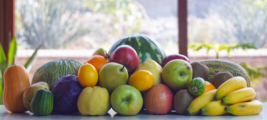 Canvas Print - Pumpkins, melons, watermelons, and various autumn fruits on the table.