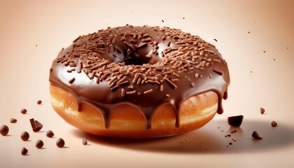 Chocolate Donut with Chocolate Sprinkles on Cream Background Isolated