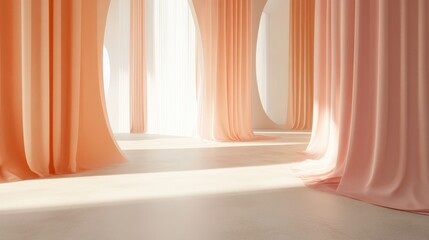 Poster - softly lit interior space featuring flowing curtains in warm tones, creating a serene atmosphere