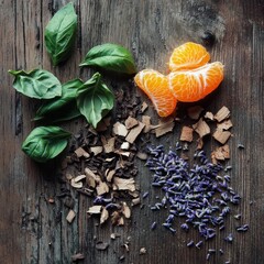 Wall Mural - Fresh basil leaves, mandarin segments, spices, and lavender on rustic wooden surface