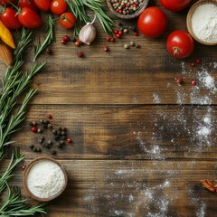 Wall Mural - Rustic kitchen background with tomatoes, herbs, and flour on wooden surface