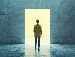 Poster - person stands in room with concrete walls, facing bright opening