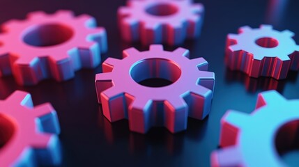 Poster - colorful 3d gears arranged on a reflective surface, showcasing mechanical design and innovation