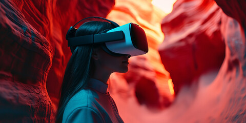 Poster - woman wearing VR headset explores vibrant, neon lit virtual canyon