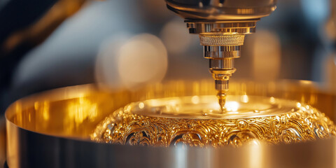 Poster - robotic arm intricately polishes golden artifact, showcasing precision