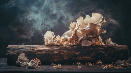 Poster - Crafting unique mushroom art from natural wood rustic workshop photography indoor close-up creative process