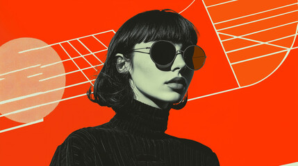 Poster - woman in sunglasses and turtleneck stands against vibrant geometric background