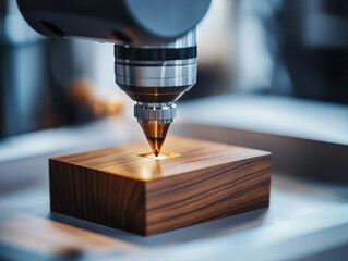 Poster - futuristic robotic arm precisely engraves handmade wooden jewelry box