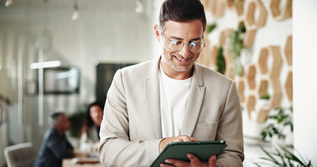 Poster - Businessman, financial research and report with tablet, digital budget and advice for customer portfolio. Thinking, accountant or agent meeting with project consultation, review or audit assistance