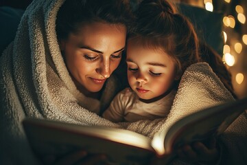 Wall Mural - A mother and daughter read a bedtime story together, snuggled under a soft blanket. The child’s eyes grow heavy as the story