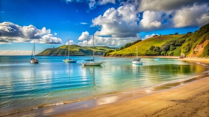 Wall Mural - Tranquil Beach Scene with Sailing Boats and Serene Blue Waters