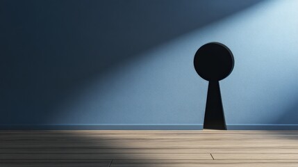 Poster - minimalist keyhole silhouette casting shadows on a modern wall with wooden floor, suggesting mystery