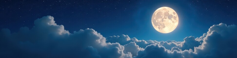 Wall Mural - Full moon's soft glow illuminates fluffy clouds beneath a starry expanse, magical, soft, moon