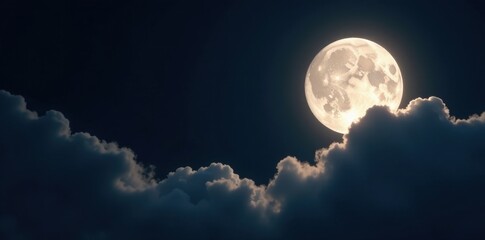 Wall Mural - Bright moon partially obscured by fluffy clouds, inky black backdrop , graphic, backdrop