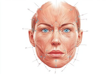 Leinwandbilder - Detailed medical illustration of female facial anatomy with marked Botox injection points for cosmetic procedures. Generative AI