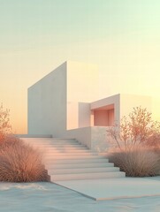 Aufkleber - Minimalist modern architecture at dawn: A stunning contemporary house is bathed in the soft light of dawn. This image captures the serene simplicity and geometric elegance of modern architecture.