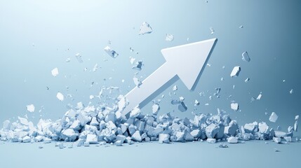 Poster - abstract representation of growth with a white arrow emerging from shattered blue blocks