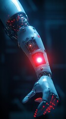 Poster - robotic arm reaching red light futuristic technology