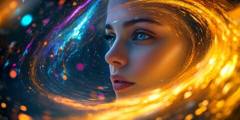 Poster - A captivating portrait of a young woman with ethereal glowing hair and vivid colors. The image radiates artistic flair and imagination, showcasing beauty and creativity. AI