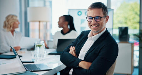 Poster - Portrait, business people and man with arms crossed, meeting and confidence with laptop. Face, employees and financial advisor in modern office, planning and research for investments or profit growth