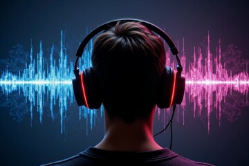 Fototapete - A Person Wearing Headphones Listening To Music Waves