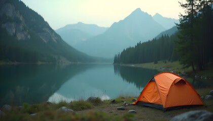 a camping tent by a serene lake, surrounded by majestic mountains, perfect for a travel vacation get