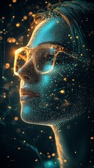 Poster - woman in glasses digital art networked face with golden lights