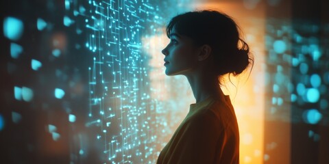 Aufkleber - A woman stands in profile against a vibrant background filled with glowing data points. This artistic style showcases the intersection of technology and human emotion.