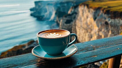 Wall Mural - Coffee cup on a table with stunning views of cliffs and ocean at sunrise, Cup of coffee on table overlooking cliffs and sea Coastal tranquility concept