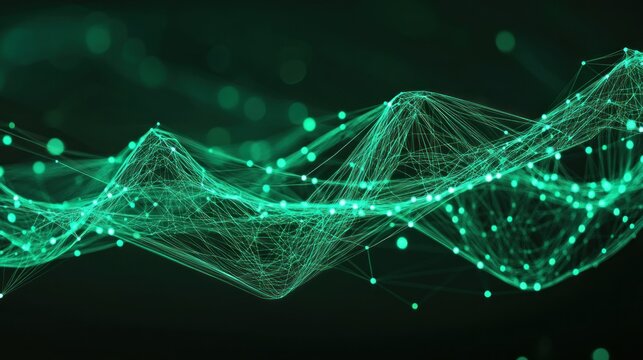 Abstract representation of flowing data waves with glowing green lines and dots on a dark background