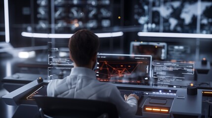 Poster - A futuristic control center with a businessman monitoring real-time RPA processes on augmented reality dashboards. Glowing data streams and interconnected system icons represent digital transformation
