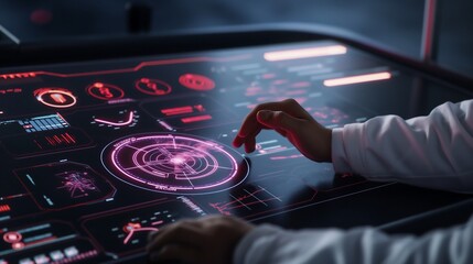 Poster - A futuristic control center with a businessman monitoring real-time RPA processes on augmented reality dashboards. Glowing data streams and interconnected system icons represent digital transformation