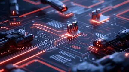 Poster - A glowing digital network with robotic arms automating business tasks, symbolizing RPA technology streamlining data processing and decision-making through artificial intelligence.