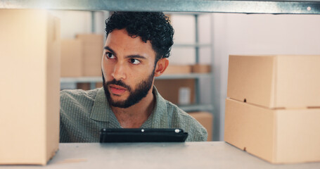 Poster - Tablet, cargo and inspection with man in warehouse for storage, logistics schedule and inventory. Planning, ecommerce shipping and supplier checklist with employee in factory for procurement