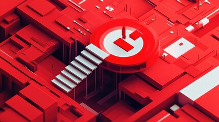 Poster - abstract red geometric structure with stairs and circular element, symbolizing technology and innova