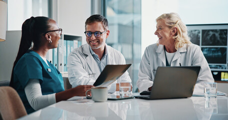 Poster - Hospital, x ray and doctors in meeting for teamwork, consulting and medical advice with scan. Healthcare, radiology and man and women on digital tech for collaboration, research and patient diagnosis
