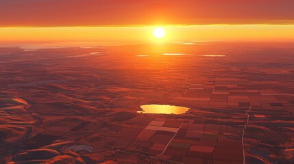 Wall Mural - Majestic sunrise over rolling hills and serene water bodies illuminating vast agricultural landscapes in warm golden hues