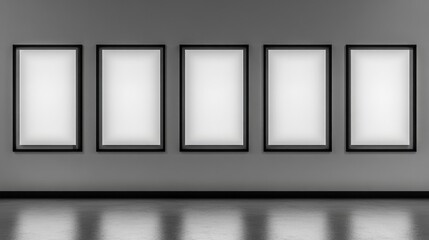 Poster - Empty gallery wall with five black-framed blank canvases awaiting artwork installation