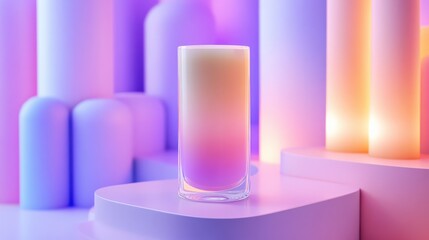 Poster - A vibrant gradient drink in a glass sits on a stylish pedestal amidst colorful geometric shapes