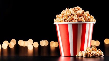 A vibrant red and white striped popcorn bucket overflowing with fluffy popcorn against a blurred background