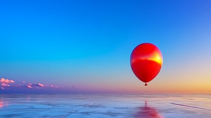 Canvas Print - A vibrant red balloon floats above a serene reflective surface during a colorful sunset