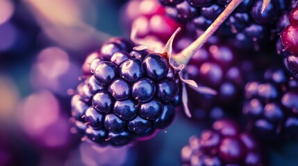 Wall Mural - Plump blackberries glisten under soft light. Each berry bursts with flavor. Capture the essence of nature in vivid detail. Generative AI.