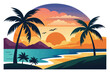 © fatimatz - Colorful Sunset Beach Scene with Palm Trees.A vibrant and stylized illustration of a tropical beach at sunset.