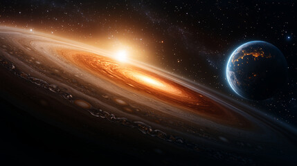 Wall Mural - Jupiter and Earth alignment in deep space. celestial view of Jupiter Great Red Spot with Earth in distance
