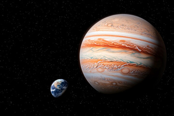 Wall Mural - Jupiter and Earth alignment in deep space. Jupiter massive size compared to Earth in space