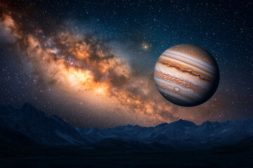 Wall Mural - Jupiter and Earth alignment in deep space. Jupiter in starry night sky with Milky Way galaxy visible